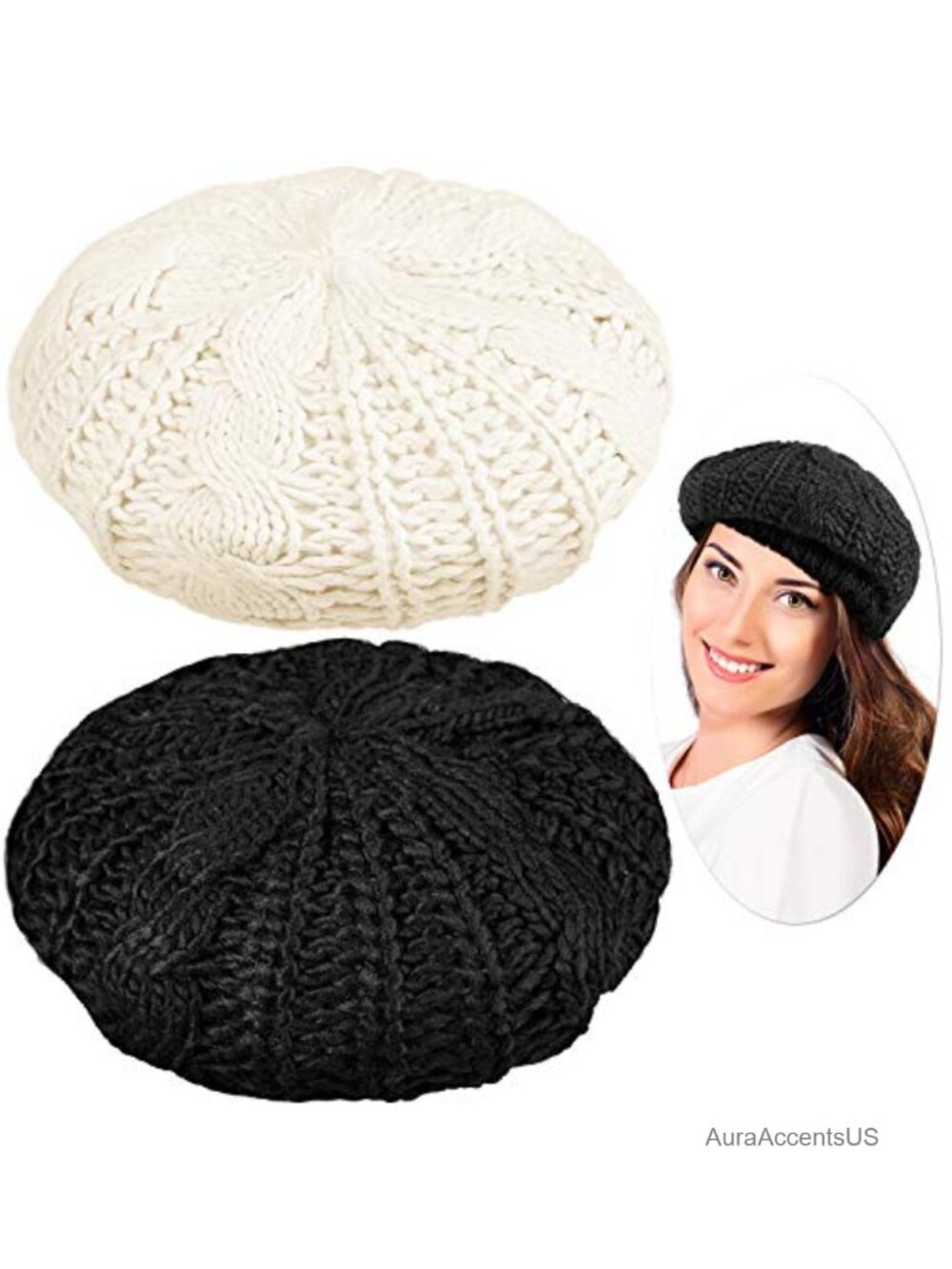 2 Pack Women Crochet Beret Knit Beanie Hats Slouchy French Beret Lightweight